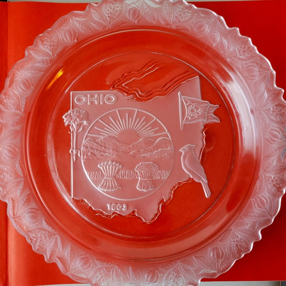 Ohio Souvenir Glass Plate ~ Frosted Floral Rim ~ Ohio Seal, Bird, Flag ~ FINAL!